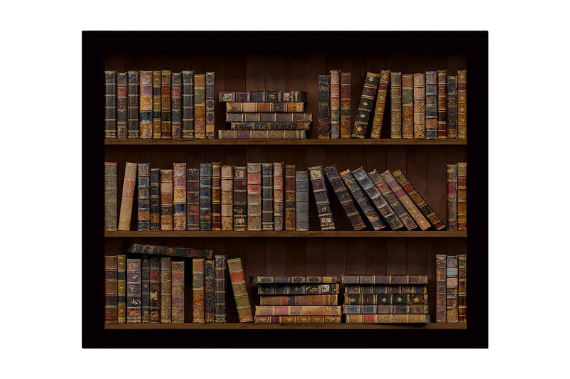 Indrammet lærred i træ - 41x56 cm - Detaljeret bogreol med gamle bøger i varierende farver og størrelser, Brun / Beige / Sort