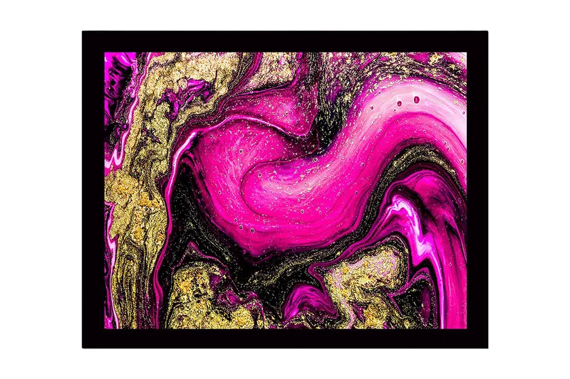 Indrammet lærred i træ - 41x56 cm - Dynamisk abstrakt komposition med lyserøde og guld elementer, Lyserød / Guld / Sort