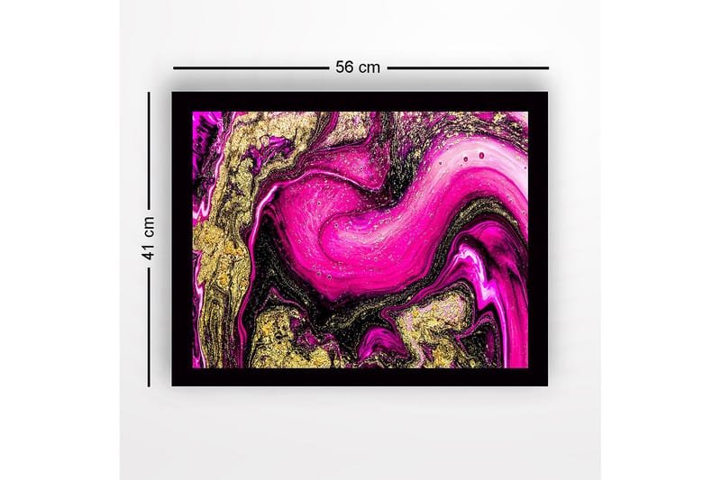 Indrammet lærred i træ - 41x56 cm - Dynamisk abstrakt komposition med lyserøde og guld elementer - Lyserød / Guld / Sort - Boligtilbehør - Billeder & kunst