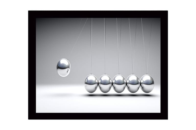 Indrammet lærred i træ - 41x56 cm - Dynamisk komposition med hængende metalkugler i bevægelse, Sølv / Grå