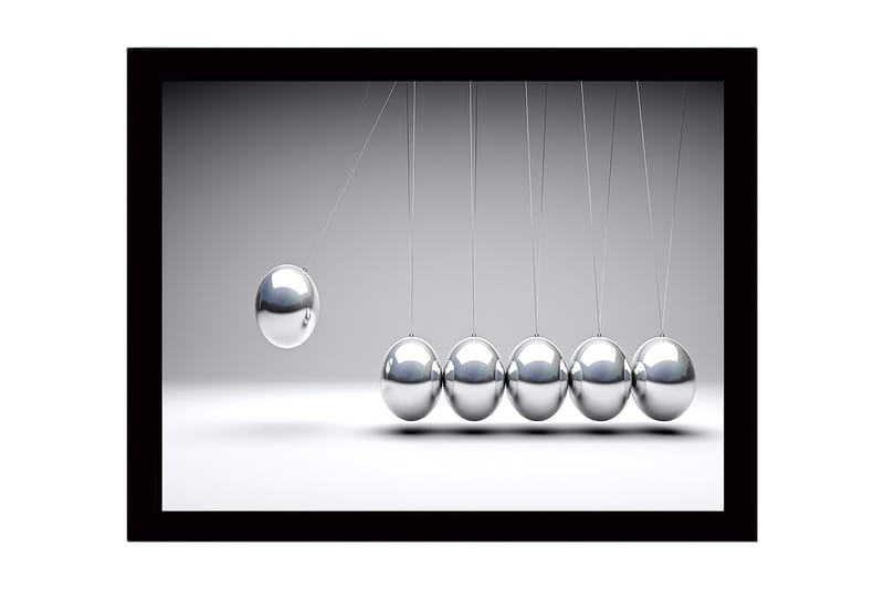 Indrammet lærred i træ - 41x56 cm - Dynamisk komposition med hængende metalkugler i bevægelse, Sølv / Grå