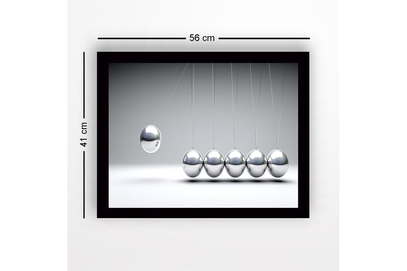 Indrammet lærred i træ - 41x56 cm - Dynamisk komposition med hængende metalkugler i bevægelse - Sølv / Grå - Boligtilbehør - Billeder & kunst