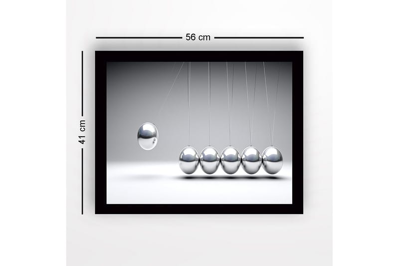 Indrammet lærred i træ - 41x56 cm - Dynamisk komposition med hængende metalkugler i bevægelse - Sølv / Grå - Boligtilbehør - Billeder & kunst