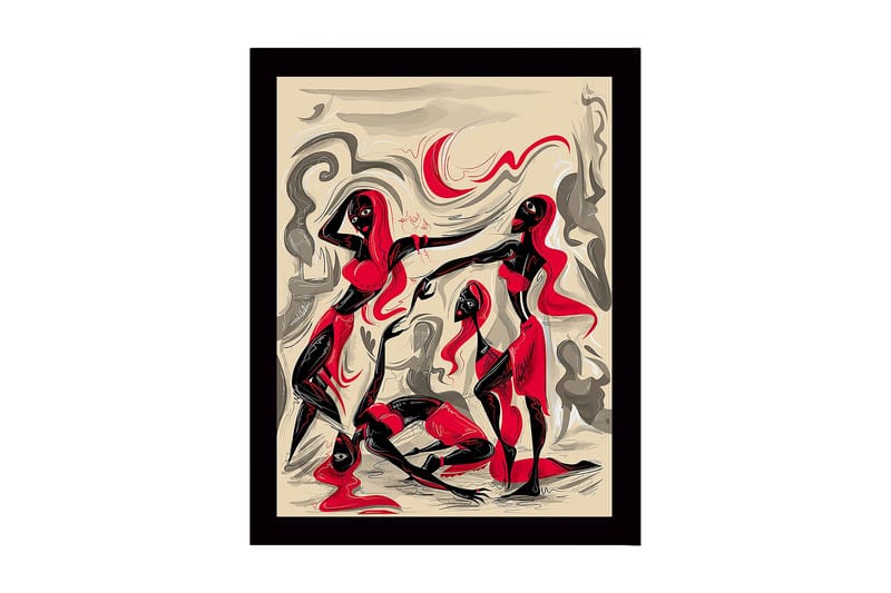 Indrammet lærred i træ - 41x56 cm - Dynamisk komposition med tre figurer i bevægelse, Rød / Sort / Beige