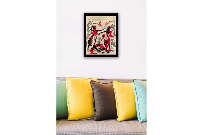 Indrammet lærred i træ - 41x56 cm - Dynamisk komposition med tre figurer i bevægelse - Rød / Sort / Beige - Boligtilbehør - Billeder & kunst