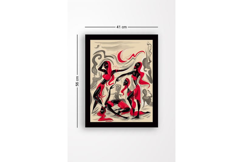 Indrammet lærred i træ - 41x56 cm - Dynamisk komposition med tre figurer i bevægelse - Rød / Sort / Beige - Boligtilbehør - Billeder & kunst