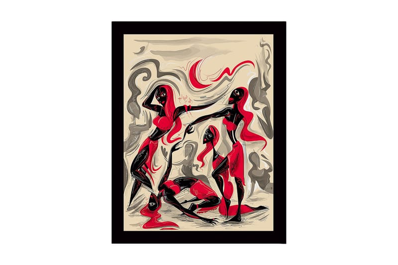Indrammet lærred i træ - 41x56 cm - Dynamisk komposition med tre figurer i bevægelse, Rød / Sort / Beige