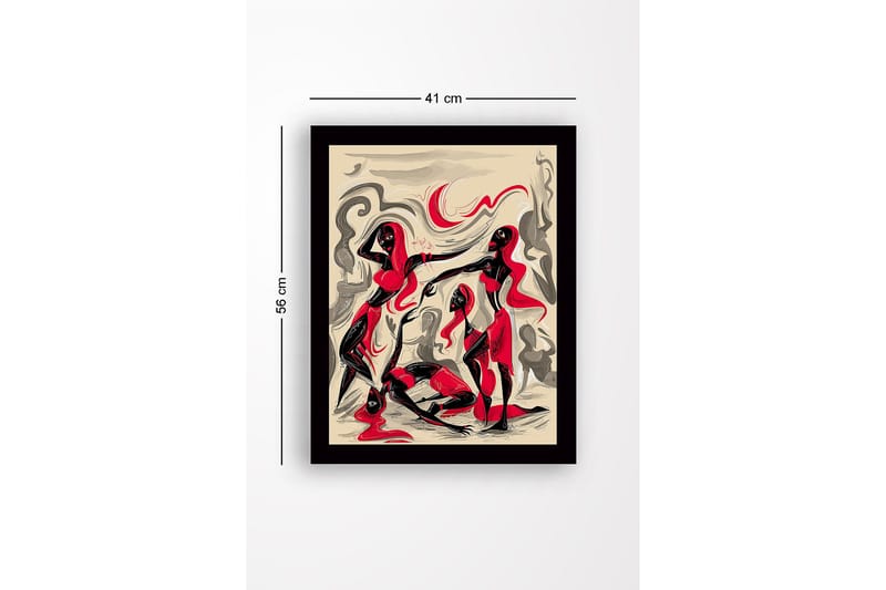 Indrammet lærred i træ - 41x56 cm - Dynamisk komposition med tre figurer i bevægelse - Rød / Sort / Beige - Boligtilbehør - Billeder & kunst