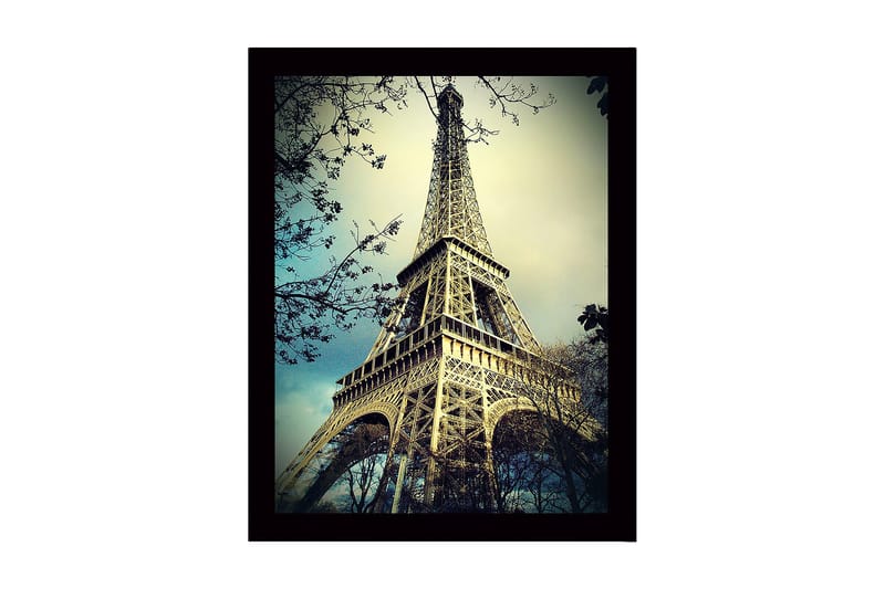 Indrammet lærred i træ - 41x56 cm - Eiffeltårnet i en majestætisk vinkel, Beige / Blå / Grøn