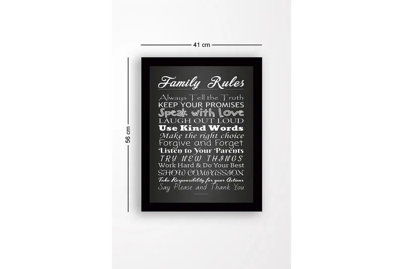 Indrammet lærred i træ - 41x56 cm - Familieregler med inspirerende budskaber - Hvid / Sort - Boligtilbehør - Billeder & kunst