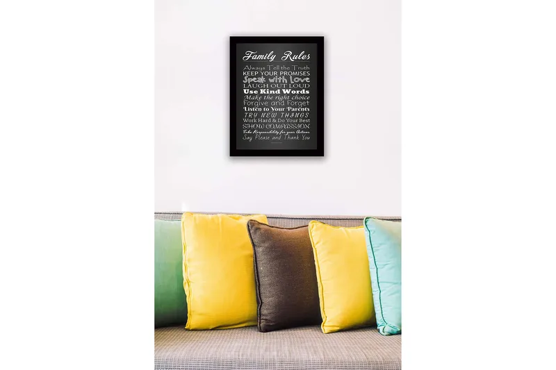 Indrammet lærred i træ - 41x56 cm - Familieregler med inspirerende budskaber - Hvid / Sort - Boligtilbehør - Billeder & kunst