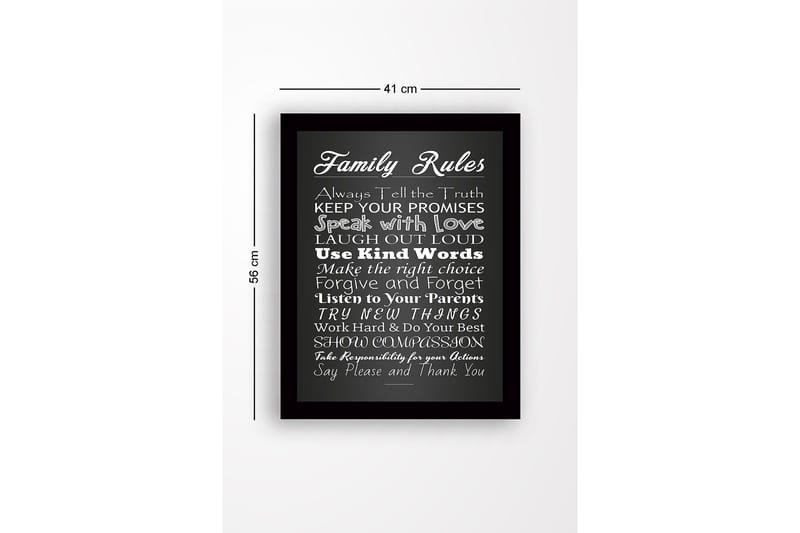 Indrammet lærred i træ - 41x56 cm - Familieregler med inspirerende budskaber - Hvid / Sort - Boligtilbehør - Billeder & kunst