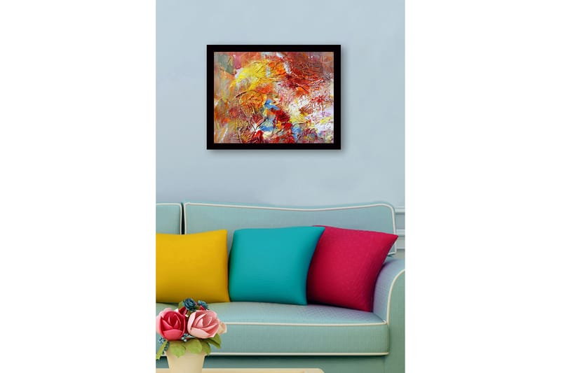 Indrammet lærred i træ - 41x56 cm - Farverig abstrakt komposition med dynamiske former - Rød / Gul / Blå - Boligtilbehør - Billeder & kunst
