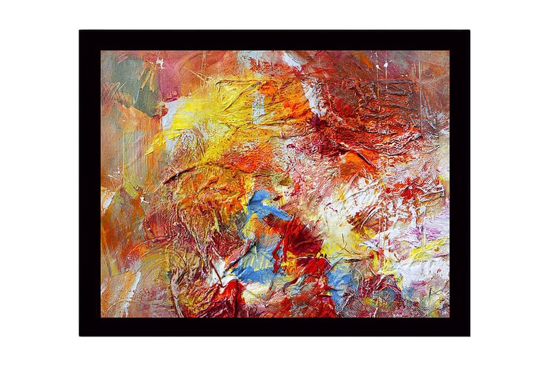 Indrammet lærred i træ - 41x56 cm - Farverig abstrakt komposition med dynamiske former, Rød / Gul / Blå