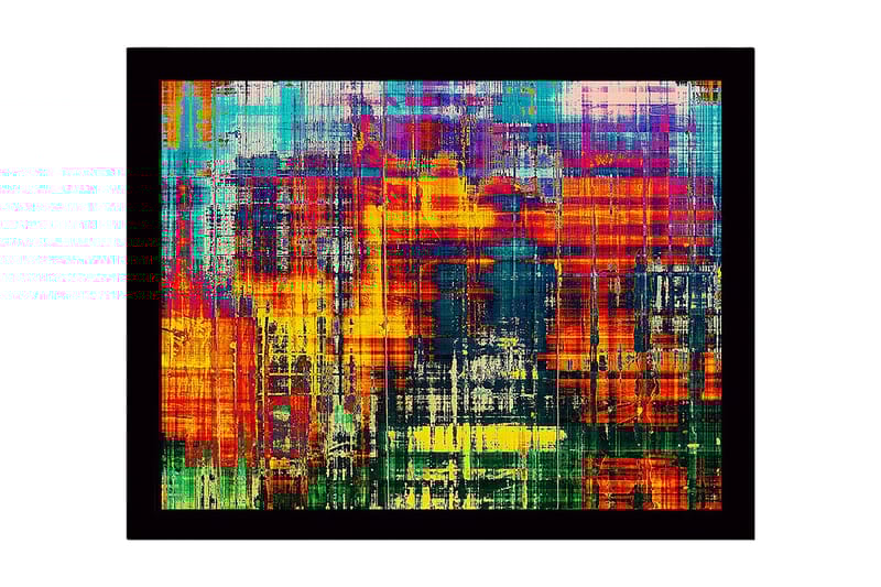 Indrammet lærred i træ - 41x56 cm - Farverig abstrakt komposition med lodrette linjer og mønstre, Rød / Blå / Gul