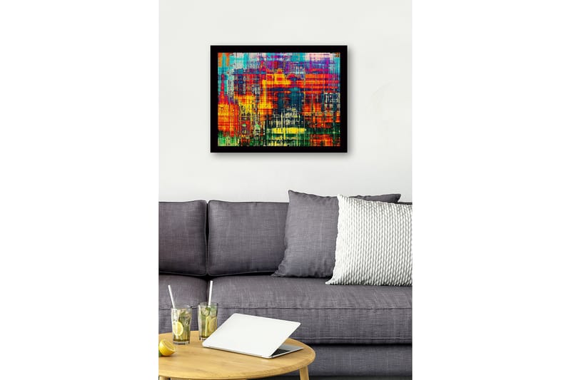 Indrammet lærred i træ - 41x56 cm - Farverig abstrakt komposition med lodrette linjer og mønstre - Rød / Blå / Gul - Boligtilbehør - Billeder & kunst