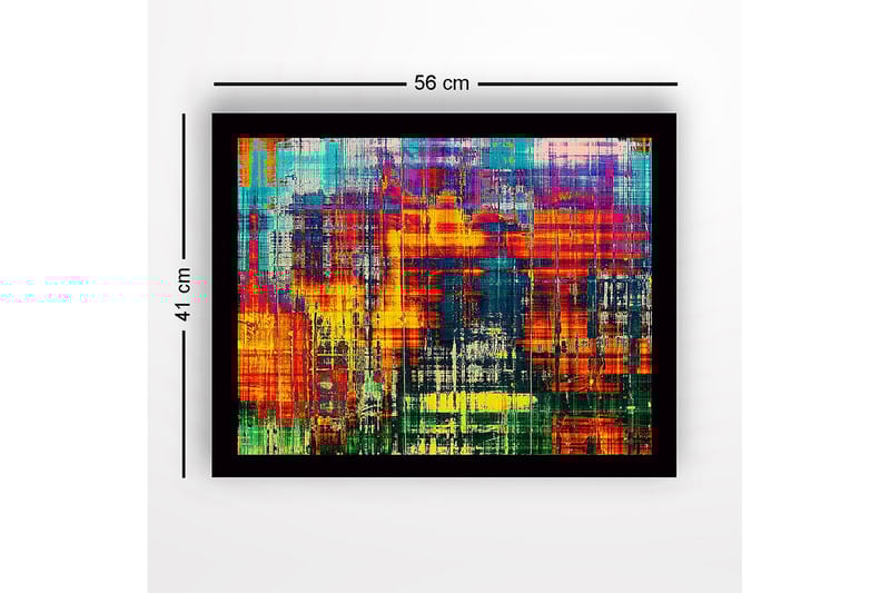 Indrammet lærred i træ - 41x56 cm - Farverig abstrakt komposition med lodrette linjer og mønstre - Rød / Blå / Gul - Boligtilbehør - Billeder & kunst