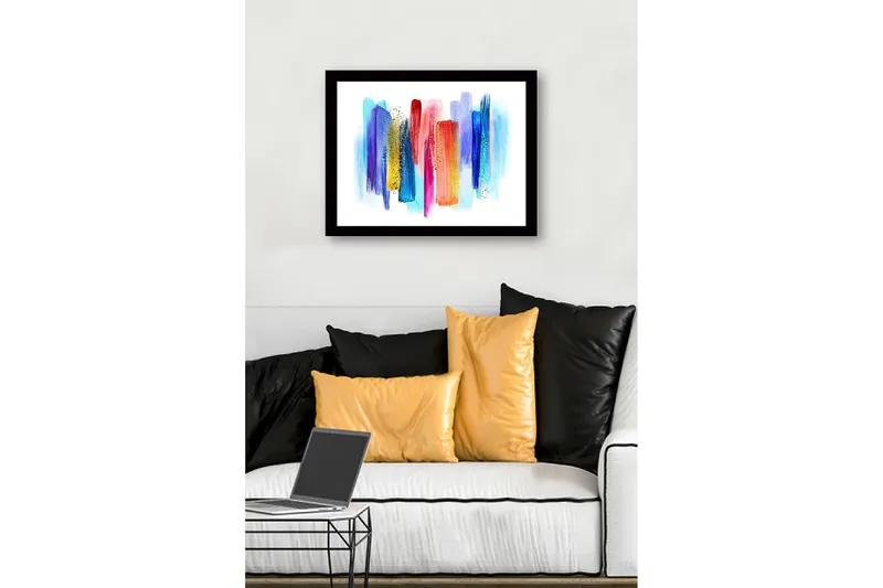 Indrammet lærred i træ - 41x56 cm - Farverig abstrakt komposition med lodrette penselstrøg - Blå / Rød / Gul - Boligtilbehør - Billeder & kunst