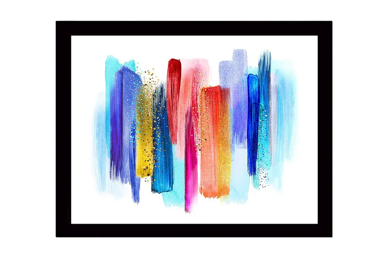 Indrammet lærred i træ - 41x56 cm - Farverig abstrakt komposition med lodrette penselstrøg, Blå / Rød / Gul
