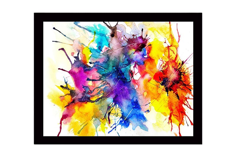 Indrammet lærred i træ - 41x56 cm - Farverig abstrakt komposition med sprudlende farveeksplosioner, Blå / Gul / Rød