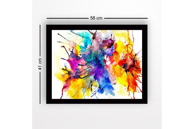 Indrammet lærred i træ - 41x56 cm - Farverig abstrakt komposition med sprudlende farveeksplosioner - Blå / Gul / Rød - Boligtilbehør - Billeder & kunst