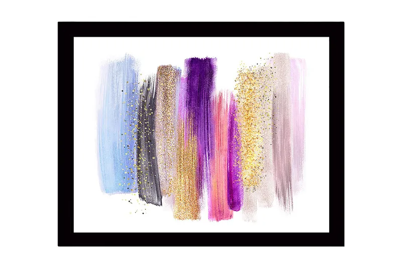Indrammet lærred i træ - 41x56 cm - Farverig abstrakt komposition med penselstrøg og glittereffekter, Lyseblå / Lilla / Guld