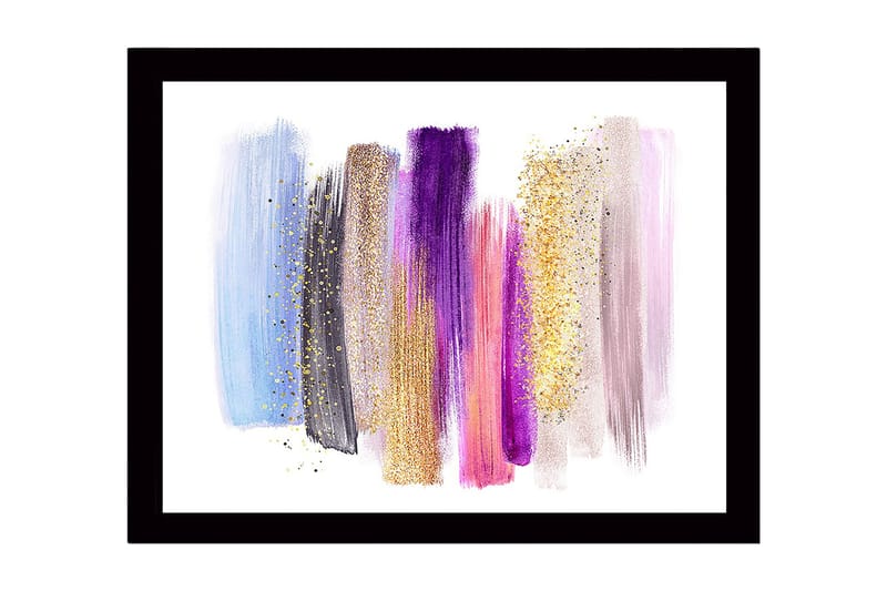 Indrammet lærred i træ - 41x56 cm - Farverig abstrakt komposition med penselstrøg og glittereffekter, Lyseblå / Lilla / Guld