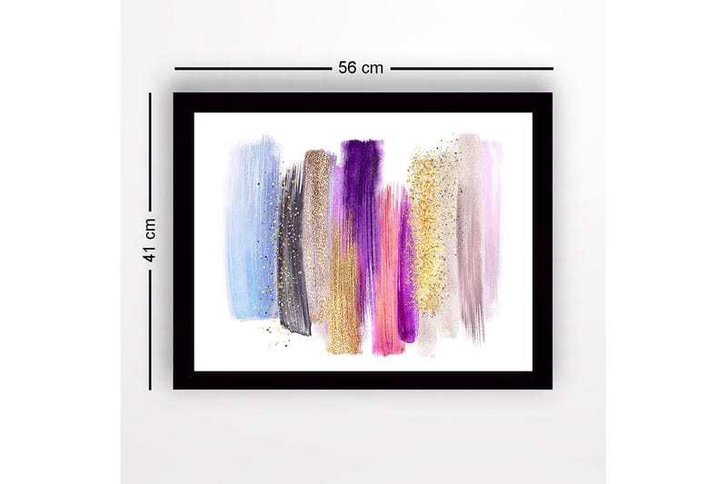 Indrammet lærred i træ - 41x56 cm - Farverig abstrakt komposition med penselstrøg og glittereffekter - Lyseblå / Lilla / Guld - Boligtilbehør - Billeder & kunst