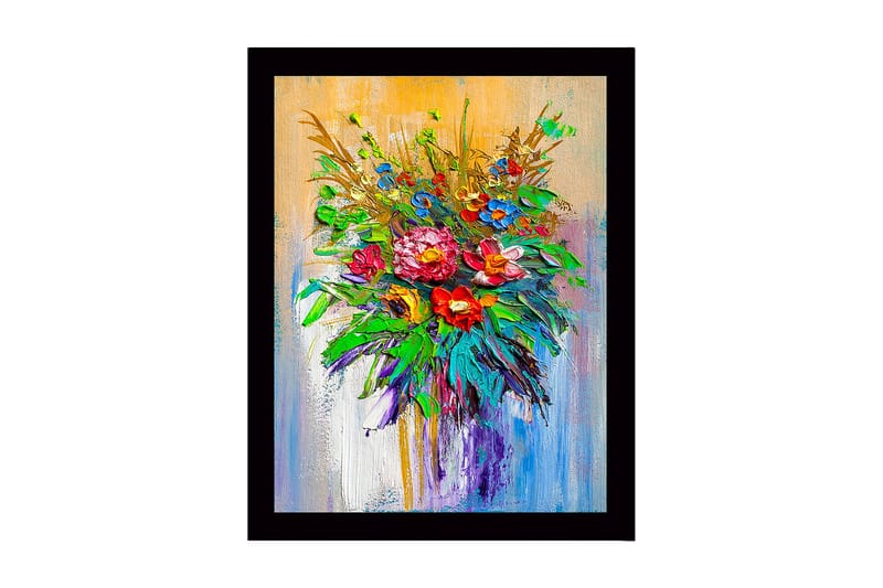 Indrammet lærred i træ - 41x56 cm - Farverig blomsterbuket, Grøn / Rød / Blå