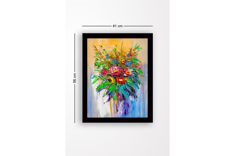 Indrammet lærred i træ - 41x56 cm - Farverig blomsterbuket - Grøn / Rød / Blå - Boligtilbehør - Billeder & kunst