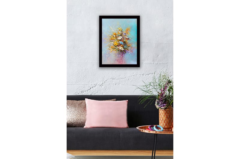 Indrammet lærred i træ - 41x56 cm - Farverig blomsterbuket - Gul / Orange / Lilla - Boligtilbehør - Billeder & kunst