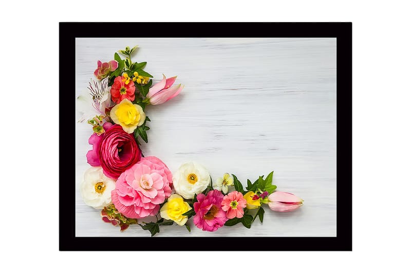 Indrammet lærred i træ - 41x56 cm - Farverig blomsterbuket i forskellige nuancer, Lyserød / Gul / Hvid