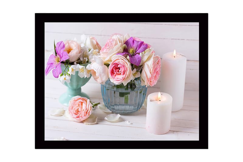 Indrammet lærred i træ - 41x56 cm - Farverig blomsterbuket i forskellige nuancer, Lyserød / Lilla / Hvid