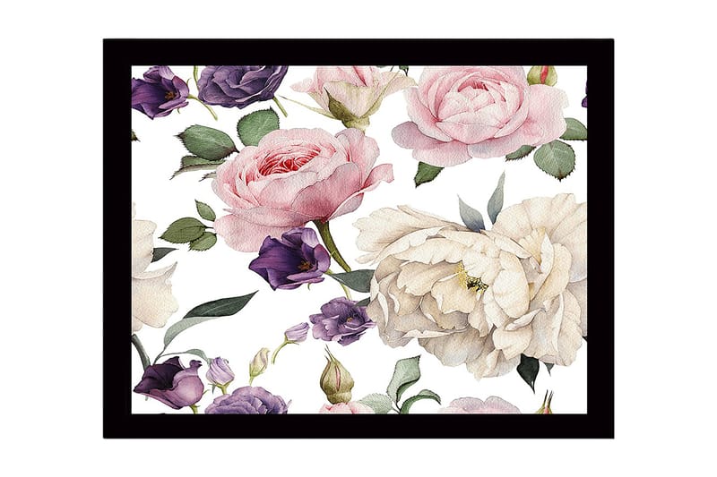 Indrammet lærred i træ - 41x56 cm - Farverig blomsterbuket i forskellige nuancer, Lyserød / Lilla / Hvid