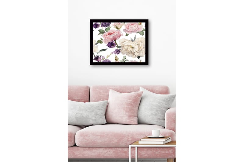 Indrammet lærred i træ - 41x56 cm - Farverig blomsterbuket i forskellige nuancer - Lyserød / Lilla / Hvid - Boligtilbehør - Billeder & kunst