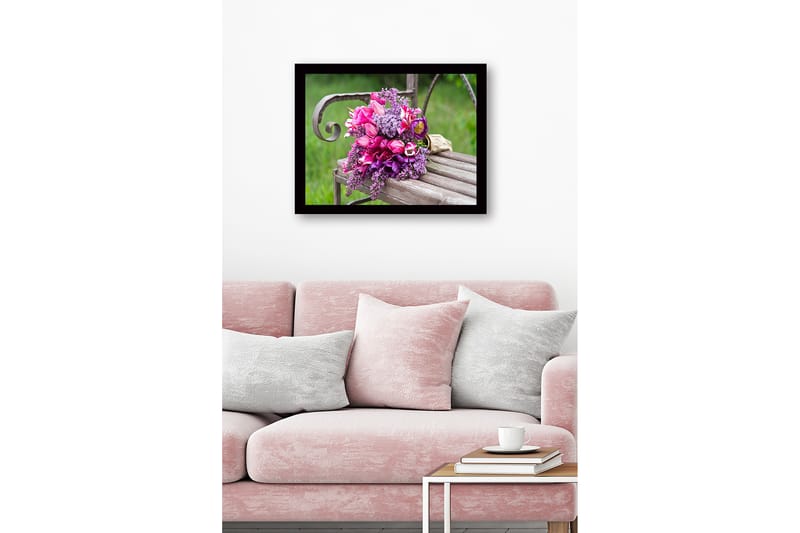 Indrammet lærred i træ - 41x56 cm - Farverig blomsterbuket - Lilla / Lyserød / Grøn - Boligtilbehør - Billeder & kunst