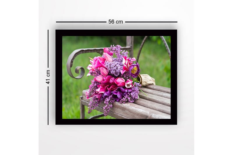 Indrammet lærred i træ - 41x56 cm - Farverig blomsterbuket - Lilla / Lyserød / Grøn - Boligtilbehør - Billeder & kunst