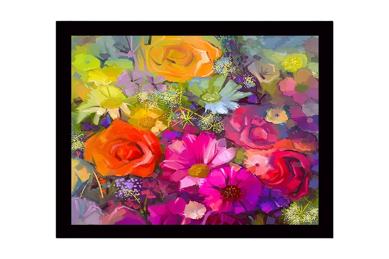 Indrammet lærred i træ - 41x56 cm - Farverig blomsterbuket, Lyserød / Orange / Lilla