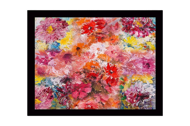 Indrammet lærred i træ - 41x56 cm - Farverig blomsterbuket, Lyserød / Rød / Gul