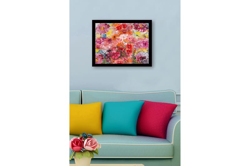 Indrammet lærred i træ - 41x56 cm - Farverig blomsterbuket - Lyserød / Rød / Gul - Boligtilbehør - Billeder & kunst