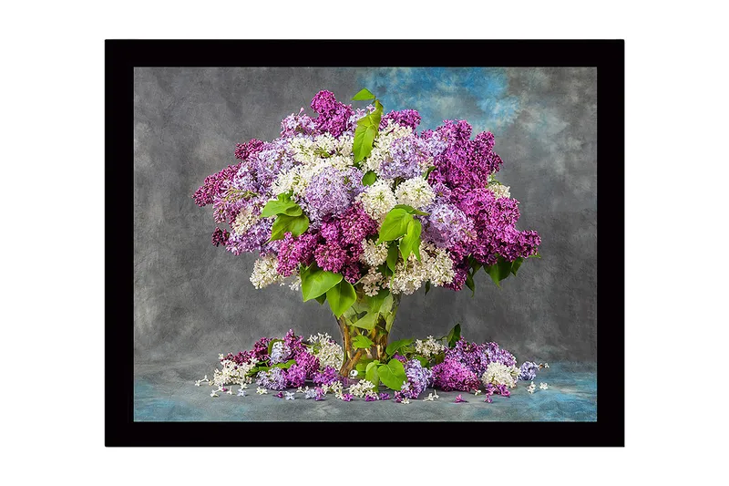 Indrammet lærred i træ - 41x56 cm - Farverig buket af lilla blomster, Lilla / Hvid / Grøn
