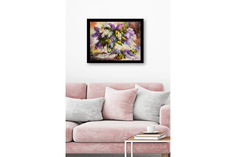 Indrammet lærred i træ - 41x56 cm - Farverig buket af lilla blomster - Lilla / Hvid / Grøn - Boligtilbehør - Billeder & kunst