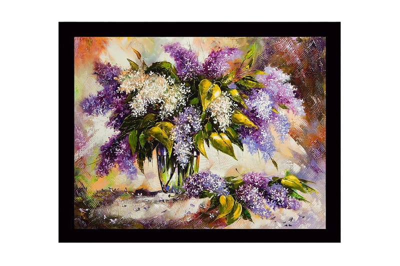 Indrammet lærred i træ - 41x56 cm - Farverig buket af lilla blomster, Lilla / Hvid / Grøn