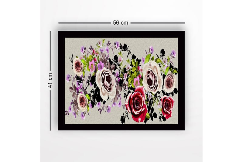 Indrammet lærred i træ - 41x56 cm - Farverig buket af roser og blomster - Lyserød / Grøn / Sort - Boligtilbehør - Billeder & kunst