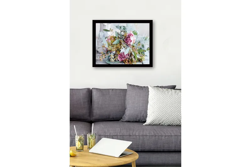 Indrammet lærred i træ - 41x56 cm - Farverig buket af roser og grønne blade - Lilla / Grøn / Beige - Boligtilbehør - Billeder & kunst