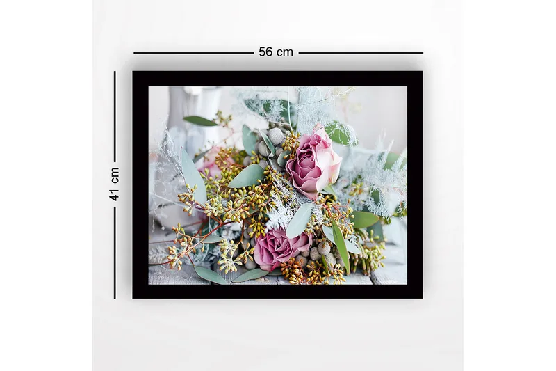Indrammet lærred i træ - 41x56 cm - Farverig buket af roser og grønne blade - Lilla / Grøn / Beige - Boligtilbehør - Billeder & kunst