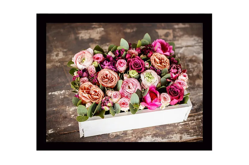 Indrammet lærred i træ - 41x56 cm - Farverig buket af roser og grønne blade, Lyserød / Lilla / Grøn
