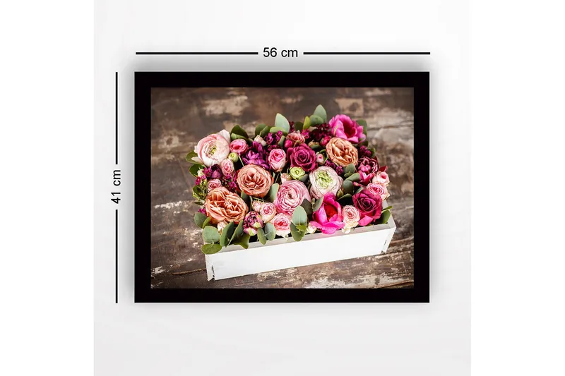 Indrammet lærred i træ - 41x56 cm - Farverig buket af roser og grønne blade - Lyserød / Lilla / Grøn - Boligtilbehør - Billeder & kunst