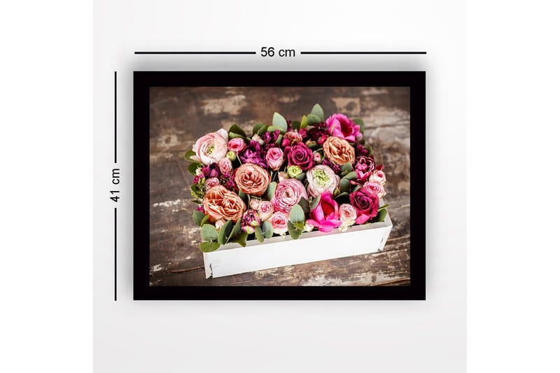Indrammet lærred i træ - 41x56 cm - Farverig buket af roser og grønne blade - Lyserød / Lilla / Grøn - Boligtilbehør - Billeder & kunst