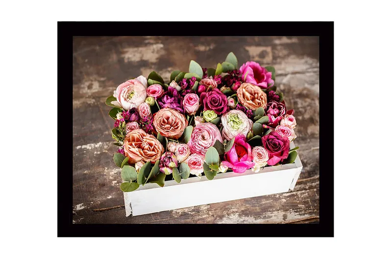 Indrammet lærred i træ - 41x56 cm - Farverig buket af roser og grønne blade, Lyserød / Lilla / Grøn
